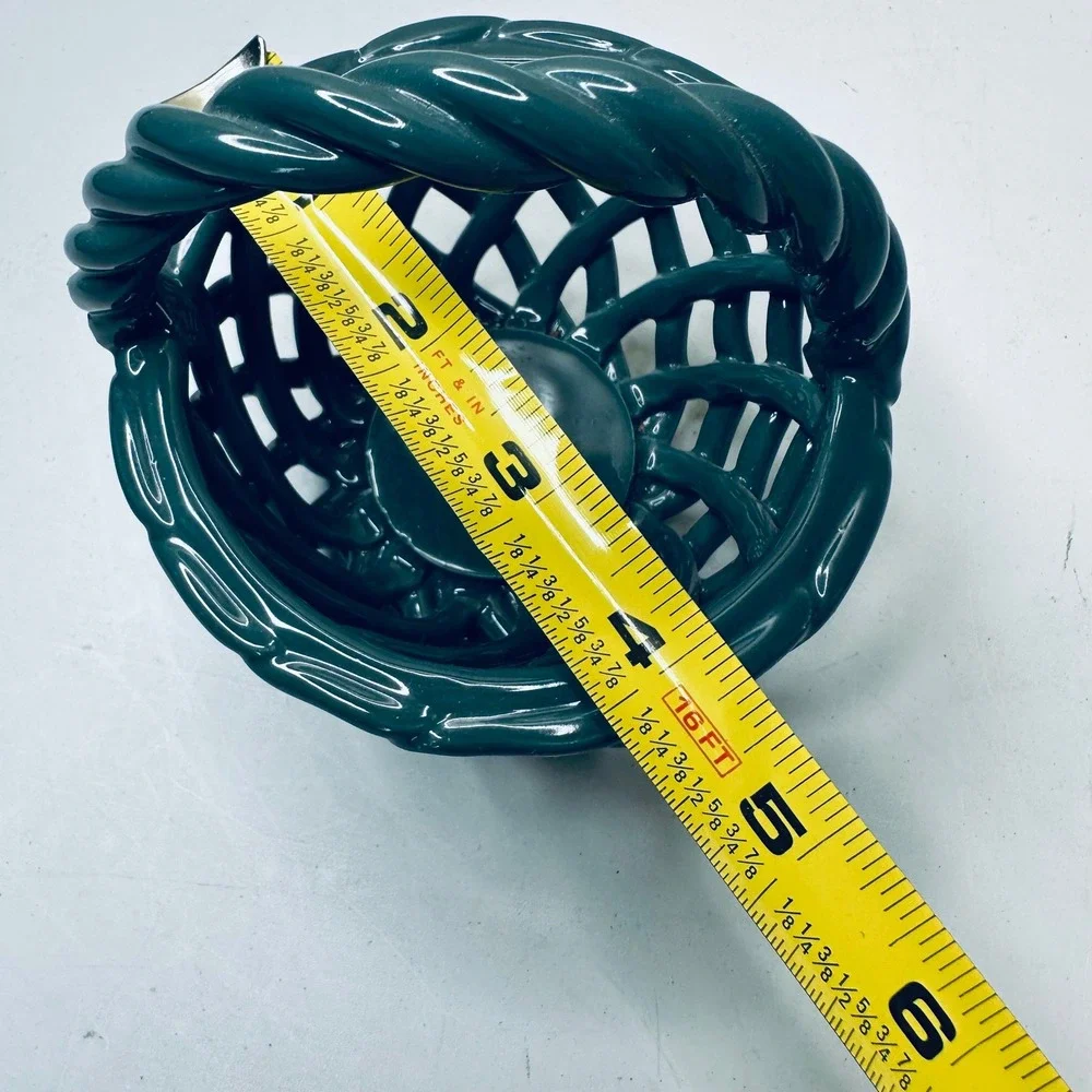 Vintage Hunter Green Ceramic Lattice Basket Woven Rope Handle Decorative Bowl 5
